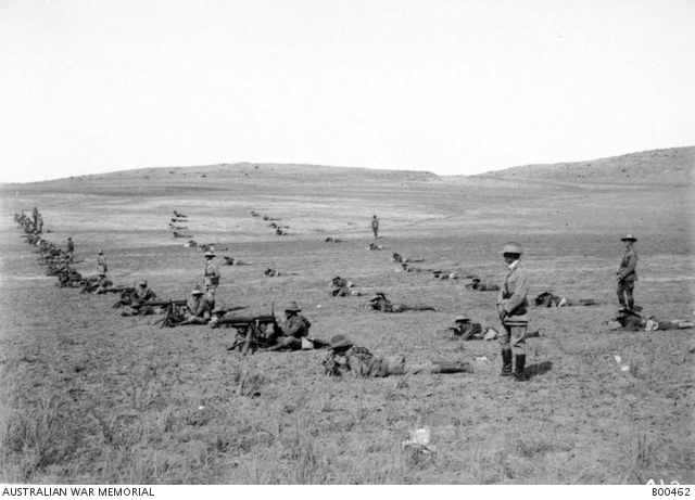 The Machine Gun Squadron of the 2nd Australian Light Horse Brigade at drill