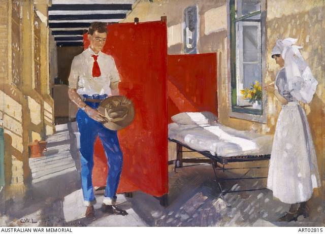 Balcony of troopers' ward, 14th Australian General Hospital, Abbassia. Artist George Lambert