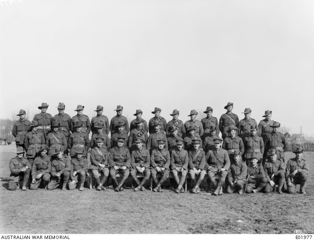 Group portrait of the officers and NCOs of the 13th Field Company of Australian Engineers. 6283 LCpl H. Bartrop MM back row, 4th from the left